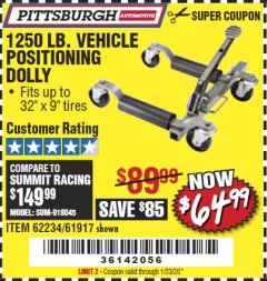 Harbor Freight Coupon VEHICLE POSITIONING WHEEL DOLLY Lot No. 67287/61917/62234 Expired: 1/23/20 - $64.99