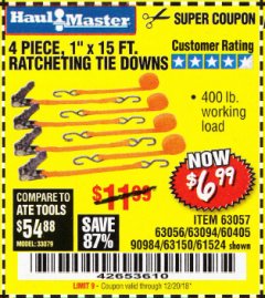 Harbor Freight Coupon 4 PIECE 1" X 15 FT. RATCHETING TIE DOWNS Lot No. 90984/60405/61524/62322/63056/63057/63150 Expired: 12/20/18 - $6.99