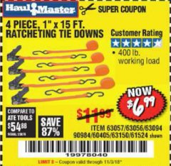 Harbor Freight Coupon 4 PIECE 1" X 15 FT. RATCHETING TIE DOWNS Lot No. 90984/60405/61524/62322/63056/63057/63150 Expired: 11/3/18 - $6.99