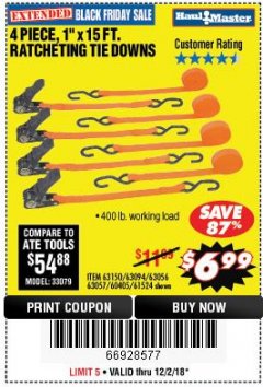 Harbor Freight Coupon 4 PIECE 1" X 15 FT. RATCHETING TIE DOWNS Lot No. 90984/60405/61524/62322/63056/63057/63150 Expired: 12/2/18 - $6.99