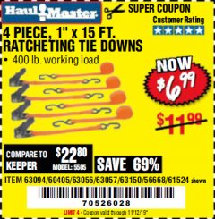 Harbor Freight Coupon 4 PIECE 1" X 15 FT. RATCHETING TIE DOWNS Lot No. 90984/60405/61524/62322/63056/63057/63150 Expired: 11/12/19 - $6.99