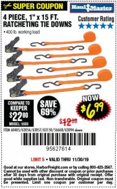 Harbor Freight Coupon 4 PIECE 1" X 15 FT. RATCHETING TIE DOWNS Lot No. 90984/60405/61524/62322/63056/63057/63150 Expired: 11/30/19 - $6.99