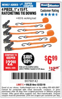 Harbor Freight Coupon 4 PIECE 1" X 15 FT. RATCHETING TIE DOWNS Lot No. 90984/60405/61524/62322/63056/63057/63150 Expired: 12/22/19 - $6.99