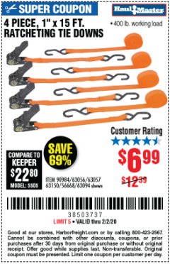 Harbor Freight Coupon 4 PIECE 1" X 15 FT. RATCHETING TIE DOWNS Lot No. 90984/60405/61524/62322/63056/63057/63150 Expired: 2/2/20 - $6.99