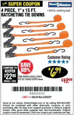 Harbor Freight Coupon 4 PIECE 1" X 15 FT. RATCHETING TIE DOWNS Lot No. 90984/60405/61524/62322/63056/63057/63150 Expired: 6/30/20 - $6