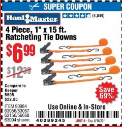 Harbor Freight Coupon 4 PIECE 1" X 15 FT. RATCHETING TIE DOWNS Lot No. 90984/60405/61524/62322/63056/63057/63150 Expired: 8/16/20 - $6.99