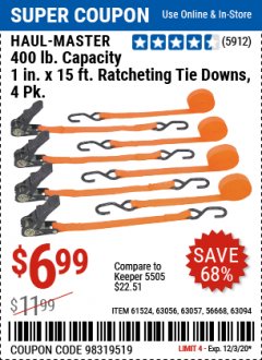Harbor Freight Coupon 4 PIECE 1" X 15 FT. RATCHETING TIE DOWNS Lot No. 90984/60405/61524/62322/63056/63057/63150 Expired: 12/3/20 - $6.99