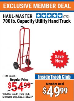 Harbor Freight ITC Coupon 700 LB. CAPACITY UTILITY HAND TRUCK Lot No. 95909/42770/62180/62199/62406 Expired: 3/25/21 - $49.99