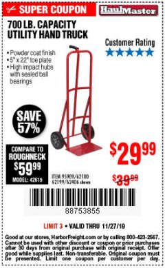 Harbor Freight Coupon 700 LB. CAPACITY UTILITY HAND TRUCK Lot No. 95909/42770/62180/62199/62406 Expired: 11/27/19 - $29.99