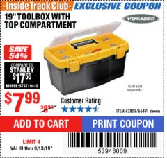 Harbor Freight ITC Coupon 19" TOOLBOX WITH TOP TRAY Lot No. 66491 Expired: 8/13/19 - $7.99
