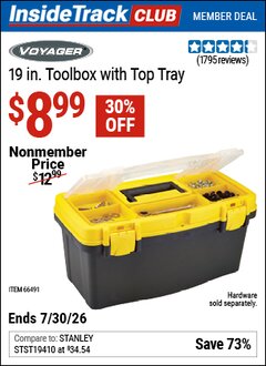 Harbor Freight ITC Coupon VOYAGER 19 IN. TOOLBOX WITH TOP TRAY Lot No. 66491 Valid Thru: 7/30/26 - $8.99