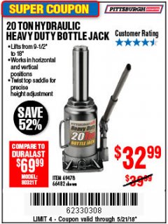Harbor Freight Coupon 20 TON HYDRAULIC HEAVY DUTY BOTTLE JACK Lot No. 69478/66482 Expired: 5/21/18 - $32.99