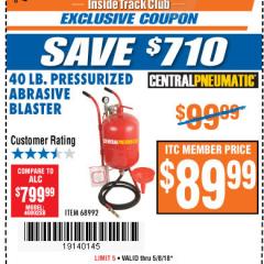 Harbor Freight ITC Coupon 40 LB. PRESSURIZED ABRASIVE BLASTER Lot No. 34202/68992 Expired: 5/8/18 - $89.99