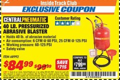 Harbor Freight ITC Coupon 40 LB. PRESSURIZED ABRASIVE BLASTER Lot No. 34202/68992 Expired: 6/30/18 - $84.99