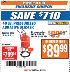 Harbor Freight ITC Coupon 40 LB. PRESSURIZED ABRASIVE BLASTER Lot No. 34202/68992 Expired: 9/11/18 - $89.99