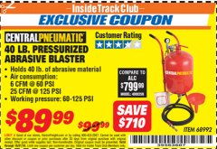 Harbor Freight ITC Coupon 40 LB. PRESSURIZED ABRASIVE BLASTER Lot No. 34202/68992 Expired: 10/31/18 - $89.99
