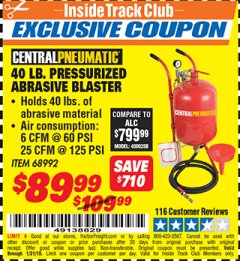 Harbor Freight ITC Coupon 40 LB. PRESSURIZED ABRASIVE BLASTER Lot No. 34202/68992 Expired: 1/31/19 - $89.99