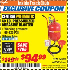 Harbor Freight ITC Coupon 40 LB. PRESSURIZED ABRASIVE BLASTER Lot No. 34202/68992 Expired: 1/31/20 - $94.99