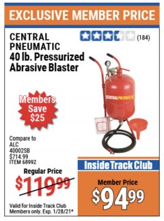 Harbor Freight ITC Coupon 40 LB. PRESSURIZED ABRASIVE BLASTER Lot No. 34202/68992 Expired: 1/28/21 - $94.99