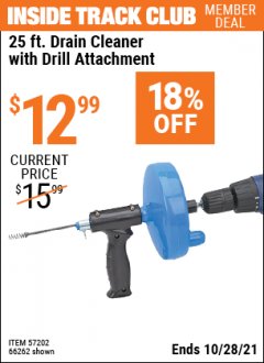 Harbor Freight ITC Coupon 25 FT. DRAIN CLEANER WITH DRILL ATTACHMENT Lot No. 66262 Expired: 10/28/21 - $12.99