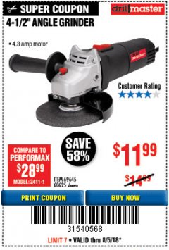 Harbor Freight Coupon DRILLMASTER 4-1/2" ANGLE GRINDER Lot No. 69645/60625 Expired: 8/5/18 - $11.99