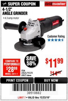 Harbor Freight Coupon DRILLMASTER 4-1/2" ANGLE GRINDER Lot No. 69645/60625 Expired: 12/23/18 - $11.99