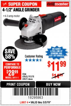 Harbor Freight Coupon DRILLMASTER 4-1/2" ANGLE GRINDER Lot No. 69645/60625 Expired: 3/3/19 - $11.99