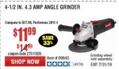 Harbor Freight Coupon DRILLMASTER 4-1/2" ANGLE GRINDER Lot No. 69645/60625 Expired: 7/7/19 - $11.99