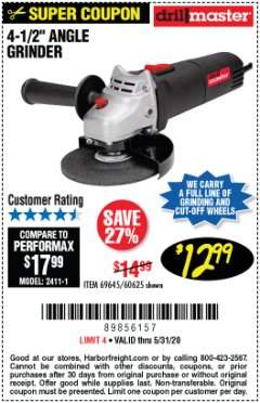 Harbor Freight Coupon DRILLMASTER 4-1/2" ANGLE GRINDER Lot No. 69645/60625 Expired: 6/30/20 - $12.99