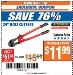 Harbor Freight ITC Coupon PITTSBURGH 24 IN. BOLT CUTTERS Lot No. 60699 Expired: 12/4/18 - $11.99