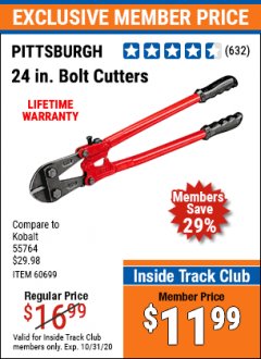 Harbor Freight ITC Coupon PITTSBURGH 24 IN. BOLT CUTTERS Lot No. 60699 Expired: 10/31/20 - $11.99
