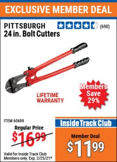 Harbor Freight ITC Coupon PITTSBURGH 24 IN. BOLT CUTTERS Lot No. 60699 Expired: 2/25/21 - $11.99