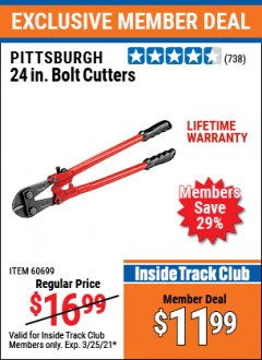 Harbor Freight ITC Coupon PITTSBURGH 24 IN. BOLT CUTTERS Lot No. 60699 Expired: 3/25/21 - $11.99