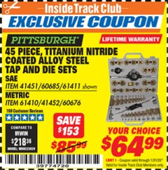 Harbor Freight ITC Coupon 45 PIECE TITANIUM NITRIDE COATED ALLOY STEEL TAP AND DIE SETS Lot No. 61411/60685/60676/61410 Expired: 1/31/20 - $64.99