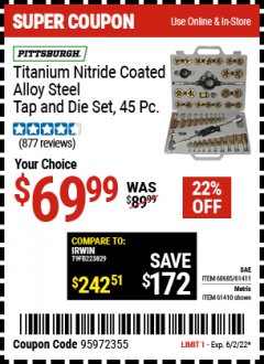 Harbor Freight Coupon 45 PIECE TITANIUM NITRIDE COATED ALLOY STEEL TAP AND DIE SETS Lot No. 61411/60685/60676/61410 Expired: 6/2/22 - $69.99