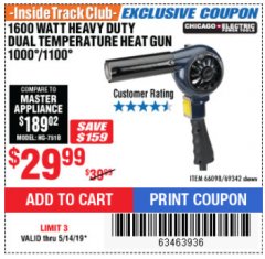 Harbor Freight ITC Coupon 1600 WATT HEAVY DUTY DUAL TEMPERATURE HEAT GUN (1000/1100) Lot No. 66098/69342 Expired: 5/14/19 - $29.99