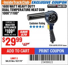 Harbor Freight ITC Coupon 1600 WATT HEAVY DUTY DUAL TEMPERATURE HEAT GUN (1000/1100) Lot No. 66098/69342 Expired: 10/1/19 - $29.99