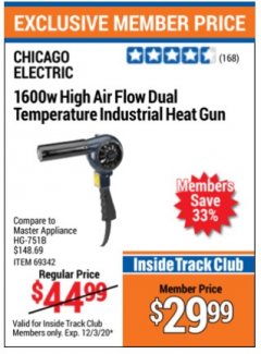 Harbor Freight ITC Coupon 1600 WATT HEAVY DUTY DUAL TEMPERATURE HEAT GUN (1000/1100) Lot No. 66098/69342 Expired: 12/3/20 - $29.99
