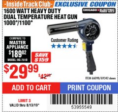 Harbor Freight ITC Coupon 1600 WATT HEAVY DUTY DUAL TEMPERATURE HEAT GUN (1000/1100) Lot No. 66098/69342 Expired: 8/13/19 - $29.99