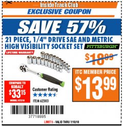 Harbor Freight ITC Coupon PITTSBURGH 1/4 IN. DRIVE SAE AND METRIC HIGH-VISIBILITY SOCKET SET, 21-PIECE Lot No. 62303 Expired: 7/10/18 - $13.99