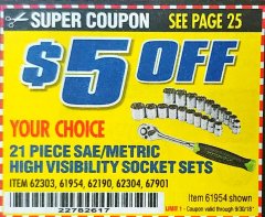 Harbor Freight Coupon PITTSBURGH 1/4 IN. DRIVE SAE AND METRIC HIGH-VISIBILITY SOCKET SET, 21-PIECE Lot No. 62303 Expired: 9/30/18 - $0