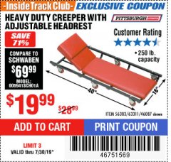 Harbor Freight ITC Coupon HEAVY DUTY CREEPER WITH ADJUSTABLE HEADREST Lot No. 63311/56383/46087 Expired: 7/30/19 - $19.99