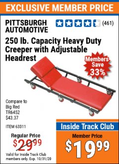 Harbor Freight ITC Coupon HEAVY DUTY CREEPER WITH ADJUSTABLE HEADREST Lot No. 63311/56383/46087 Expired: 10/31/20 - $19.99