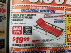 Harbor Freight ITC Coupon HEAVY DUTY CREEPER WITH ADJUSTABLE HEADREST Lot No. 63311/56383/46087 Expired: 1/31/19 - $19.99
