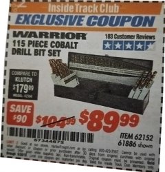 Harbor Freight ITC Coupon 115 PIECE COBALT DRILL BIT SET Lot No. 62152/61886/47653 Expired: 6/30/19 - $89.99