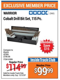 Harbor Freight ITC Coupon 115 PIECE COBALT DRILL BIT SET Lot No. 62152/61886/47653 Expired: 12/3/20 - $99.99