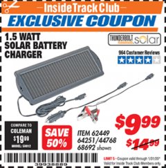 Harbor Freight ITC Coupon 1.5 WATT SOLAR BATTERY CHARGER Lot No. 62449/64251/44768/68692 Expired: 1/31/20 - $9.99