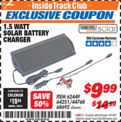 Harbor Freight ITC Coupon THUNDERBOLT SOLAR 1.5 WATT SOLAR BATTERY MAINTAINER Lot No. 64251 Expired: 1/31/20 - $9.99