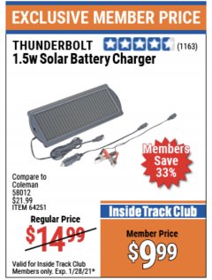 Harbor Freight ITC Coupon THUNDERBOLT SOLAR 1.5 WATT SOLAR BATTERY MAINTAINER Lot No. 64251 Expired: 1/28/21 - $9.99