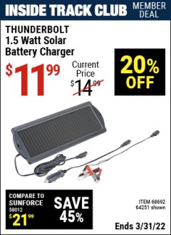 Harbor Freight ITC Coupon 1.5 WATT SOLAR BATTERY CHARGER Lot No. 62449/64251/44768/68692 Expired: 3/31/22 - $11.99